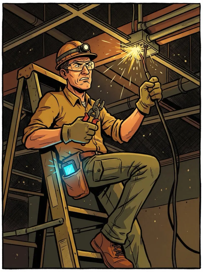 Electrician on a ladder with sparks flying, phone buzzing in his tool belt
